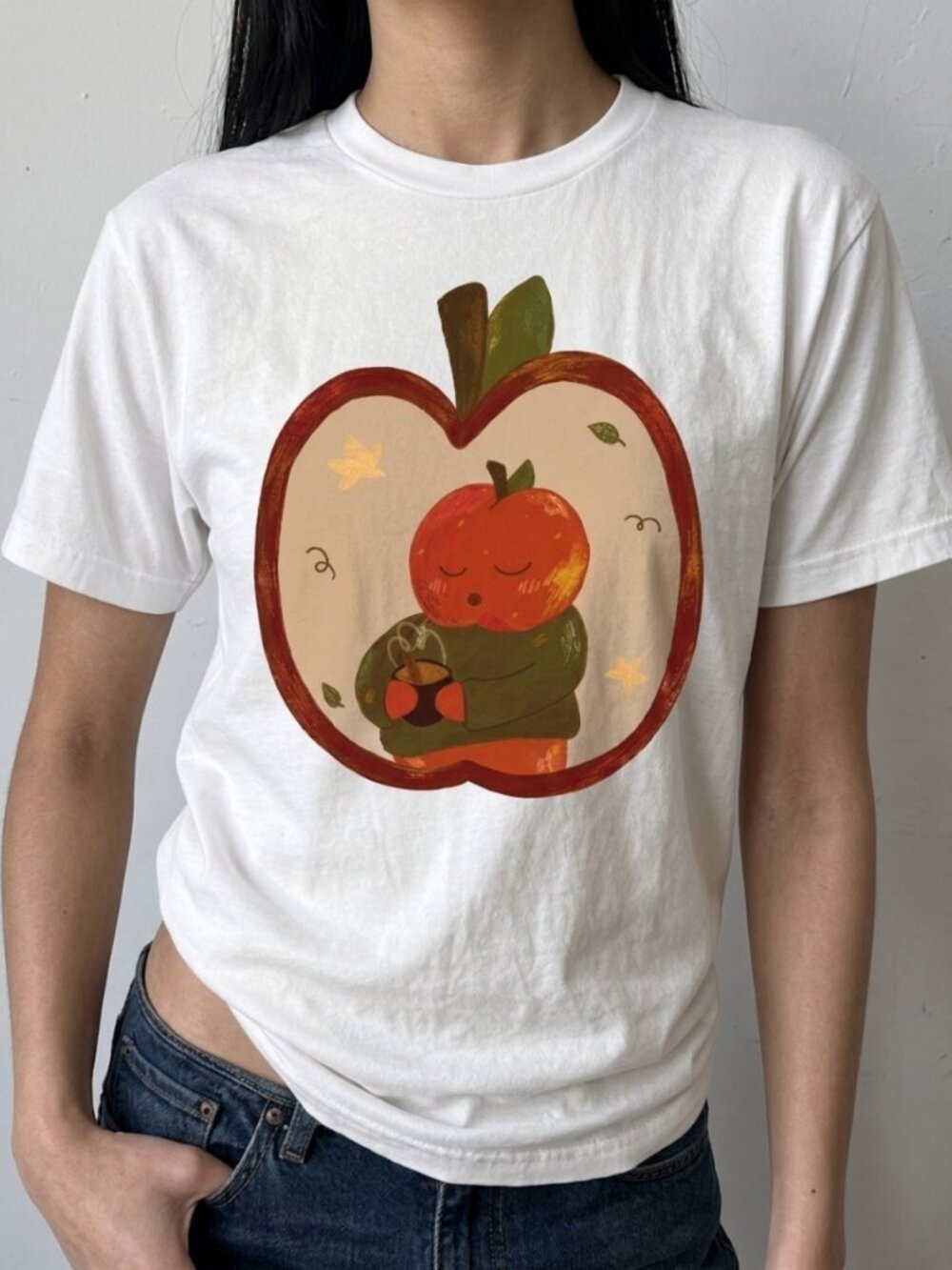 Cozy Apple Drinking Coffee Fall Graphic T-Shirt Gildan 5000 Cotton Women Tee